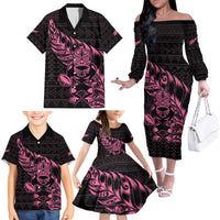 New Zealand Rugby Warrior Custom Family Matching Off The Shoulder Long Sleeve Dress and Hawaiian Shirt Pink Fern Taniko Motif LT9 - Polynesian Pride