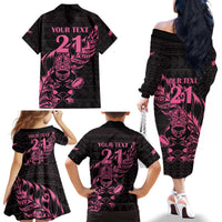 New Zealand Rugby Warrior Custom Family Matching Off The Shoulder Long Sleeve Dress and Hawaiian Shirt Pink Fern Taniko Motif LT9 - Polynesian Pride