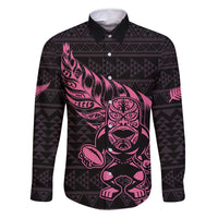 New Zealand Rugby Warrior Custom Family Matching Off Shoulder Short Dress and Hawaiian Shirt Pink Fern Taniko Motif LT9 Dad's Shirt - Long Sleeve Pink - Polynesian Pride