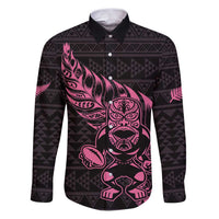 New Zealand Rugby Warrior Custom Family Matching Puletasi and Hawaiian Shirt Pink Fern Taniko Motif LT9 Dad's Shirt - Long Sleeve Pink - Polynesian Pride