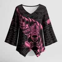 New Zealand Rugby Warrior Custom Kimono Sleeve Blouse Pink Fern Taniko Motif LT9 Female Pink - Polynesian Pride
