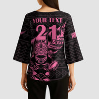 New Zealand Rugby Warrior Custom Kimono Sleeve Blouse Pink Fern Taniko Motif LT9 - Polynesian Pride