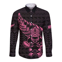 New Zealand Rugby Warrior Custom Long Sleeve Button Shirt Pink Fern Taniko Motif LT9 Unisex Pink - Polynesian Pride