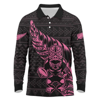 New Zealand Rugby Warrior Custom Long Sleeve Polo Shirt Pink Fern Taniko Motif LT9 Pink - Polynesian Pride