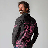 New Zealand Rugby Warrior Custom Long Sleeve Polo Shirt Pink Fern Taniko Motif LT9 - Polynesian Pride