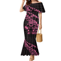 New Zealand Rugby Warrior Custom Mermaid Dress Pink Fern Taniko Motif LT9 Women Pink - Polynesian Pride