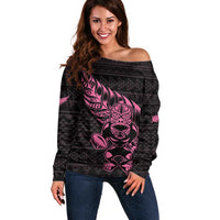 New Zealand Rugby Warrior Custom Off Shoulder Sweater Pink Fern Taniko Motif LT9 Women Pink - Polynesian Pride