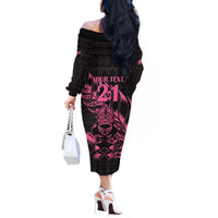 New Zealand Rugby Warrior Custom Off The Shoulder Long Sleeve Dress Pink Fern Taniko Motif LT9 - Polynesian Pride