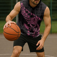 New Zealand Rugby Warrior Custom Sleeveless Hoodie Pink Fern Taniko Motif LT9 - Polynesian Pride
