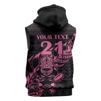 New Zealand Rugby Warrior Custom Sleeveless Zip Hoodie Pink Fern Taniko Motif LT9 - Polynesian Pride