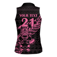 New Zealand Rugby Warrior Custom Women Sleeveless Polo Shirt Pink Fern Taniko Motif LT9 - Polynesian Pride