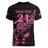 New Zealand Rugby Warrior Custom Women V-Neck T-Shirt Pink Fern Taniko Motif LT9 - Polynesian Pride