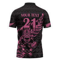 New Zealand Rugby Warrior Custom Zipper Polo Shirt Pink Fern Taniko Motif LT9 - Polynesian Pride