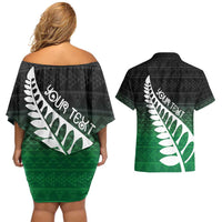 Green Silver Fern Spirit Taniko Tukutuku Personalised Couples Matching Off Shoulder Short Dress and Hawaiian Shirt LT9 - Polynesian Pride