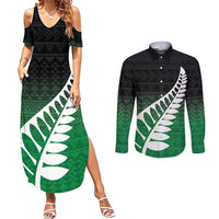 Green Silver Fern Spirit Taniko Tukutuku Personalised Couples Matching Summer Maxi Dress and Long Sleeve Button Shirt LT9 Green - Polynesian Pride