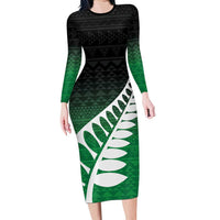 Green Silver Fern Spirit Taniko Tukutuku Personalised Long Sleeve Bodycon Dress LT9 Long Dress Green - Polynesian Pride