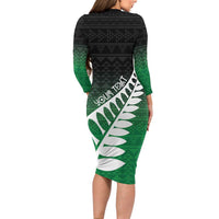 Green Silver Fern Spirit Taniko Tukutuku Personalised Long Sleeve Bodycon Dress LT9 - Polynesian Pride