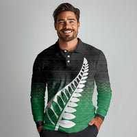 Green Silver Fern Spirit Taniko Tukutuku Personalised Long Sleeve Polo Shirt LT9 - Polynesian Pride