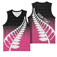 Pink Silver Fern Spirit Taniko Tukutuku Personalised Basketball Jersey LT9 - Polynesian Pride