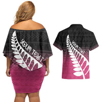 Pink Silver Fern Spirit Taniko Tukutuku Personalised Couples Matching Off Shoulder Short Dress and Hawaiian Shirt LT9 - Polynesian Pride