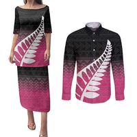Pink Silver Fern Spirit Taniko Tukutuku Personalised Couples Matching Puletasi and Long Sleeve Button Shirt LT9 Pink - Polynesian Pride