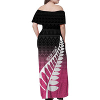 Pink Silver Fern Spirit Taniko Tukutuku Personalised Family Matching Off Shoulder Maxi Dress and Hawaiian Shirt LT9 - Polynesian Pride
