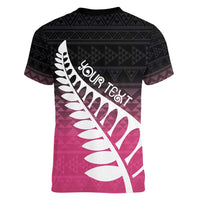 Pink Silver Fern Spirit Taniko Tukutuku Personalised Women V-Neck T-Shirt LT9 - Polynesian Pride