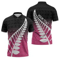 Pink Silver Fern Spirit Taniko Tukutuku Personalised Zipper Polo Shirt LT9 - Polynesian Pride