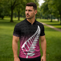 Pink Silver Fern Spirit Taniko Tukutuku Personalised Zipper Polo Shirt LT9 - Polynesian Pride