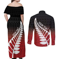 Red Silver Fern Spirit Taniko Tukutuku Personalised Couples Matching Off Shoulder Maxi Dress and Long Sleeve Button Shirt LT9 - Polynesian Pride