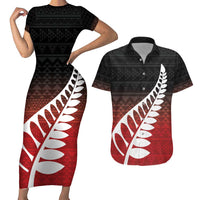 Red Silver Fern Spirit Taniko Tukutuku Personalised Couples Matching Short Sleeve Bodycon Dress and Hawaiian Shirt LT9 Red - Polynesian Pride
