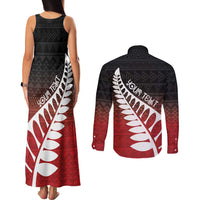 Red Silver Fern Spirit Taniko Tukutuku Personalised Couples Matching Tank Maxi Dress and Long Sleeve Button Shirt LT9 - Polynesian Pride