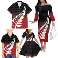 Red Silver Fern Spirit Taniko Tukutuku Personalised Family Matching Off The Shoulder Long Sleeve Dress and Hawaiian Shirt LT9 - Polynesian Pride