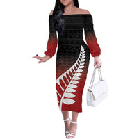 Red Silver Fern Spirit Taniko Tukutuku Personalised Family Matching Off The Shoulder Long Sleeve Dress and Hawaiian Shirt LT9 Mom's Dress Red - Polynesian Pride
