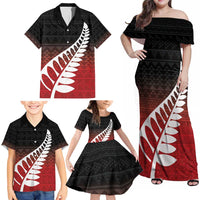 Red Silver Fern Spirit Taniko Tukutuku Personalised Family Matching Off Shoulder Maxi Dress and Hawaiian Shirt LT9 - Polynesian Pride