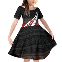 Red Silver Fern Spirit Taniko Tukutuku Personalised Family Matching Off Shoulder Short Dress and Hawaiian Shirt LT9 Daughter's Dress Red - Polynesian Pride