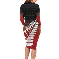 Red Silver Fern Spirit Taniko Tukutuku Personalised Long Sleeve Bodycon Dress LT9 - Polynesian Pride