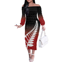 Red Silver Fern Spirit Taniko Tukutuku Personalised Off The Shoulder Long Sleeve Dress LT9 Women Red - Polynesian Pride