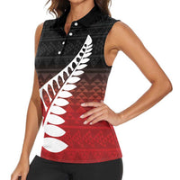 Red Silver Fern Spirit Taniko Tukutuku Personalised Women Sleeveless Polo Shirt LT9 - Polynesian Pride