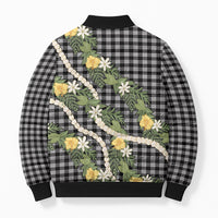 Aloha Puakenikeni Anthurium Pikake Lei Bomber Puffer Jacket Black Hawaiian Palaka Pattern