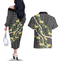Aloha Puakenikeni Anthurium Pikake Lei Couples Matching Off The Shoulder Long Sleeve Dress and Hawaiian Shirt Black Hawaiian Palaka Pattern LT9 - Polynesian Pride