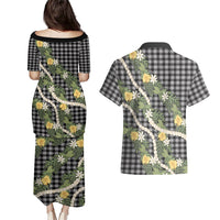 Aloha Puakenikeni Anthurium Pikake Lei Couples Matching Puletasi and Hawaiian Shirt Black Hawaiian Palaka Pattern LT9 - Polynesian Pride