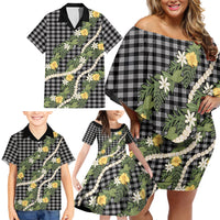 Aloha Puakenikeni Anthurium Pikake Lei Family Matching Off Shoulder Short Dress and Hawaiian Shirt Black Hawaiian Palaka Pattern LT9 - Polynesian Pride