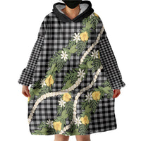 Aloha Puakenikeni Anthurium Pikake Lei Wearable Blanket Hoodie Black Hawaiian Palaka Pattern