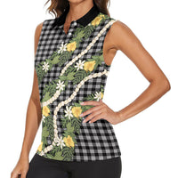 Aloha Puakenikeni Anthurium Pikake Lei Women Sleeveless Polo Shirt Black Hawaiian Palaka Pattern LT9 - Polynesian Pride