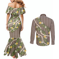 Aloha Puakenikeni Anthurium Pikake Lei Couples Matching Mermaid Dress and Long Sleeve Button Shirt Chocolate Hawaiian Palaka Pattern LT9 - Polynesian Pride