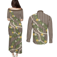 Aloha Puakenikeni Anthurium Pikake Lei Couples Matching Puletasi and Long Sleeve Button Shirt Chocolate Hawaiian Palaka Pattern