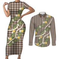 Aloha Puakenikeni Anthurium Pikake Lei Couples Matching Short Sleeve Bodycon Dress and Long Sleeve Button Shirt Chocolate Hawaiian Palaka Pattern LT9 Chocolate - Polynesian Pride