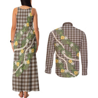 Aloha Puakenikeni Anthurium Pikake Lei Couples Matching Tank Maxi Dress and Long Sleeve Button Shirt Chocolate Hawaiian Palaka Pattern LT9 - Polynesian Pride
