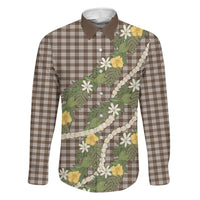 Aloha Puakenikeni Anthurium Pikake Lei Family Matching Off Shoulder Maxi Dress and Hawaiian Shirt Chocolate Hawaiian Palaka Pattern LT9 Dad's Shirt - Long Sleeve Chocolate - Polynesian Pride